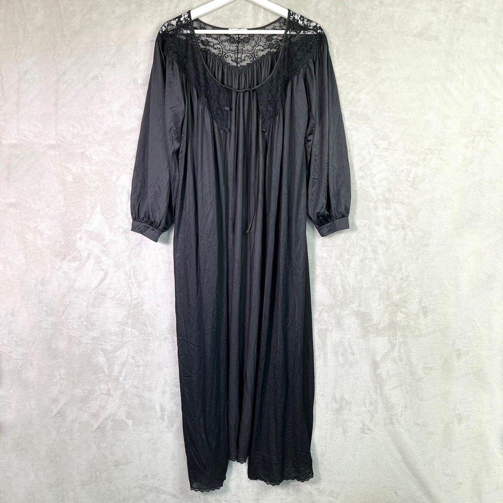 Vintage Miss Elaine Small Black Peignoir Robe Semi Sheer Lingerie 70's Goth Glam